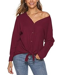 Halife Womens Waffle Knit Tunic Blouse Long Sleeve V Neck Button Down T Shirts Tie Front Tops