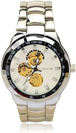SINOBI Simple Metal Band Self-Winding Automatic Mechanical Wristwatch with Water Resistance and Stainless Steel Back-White