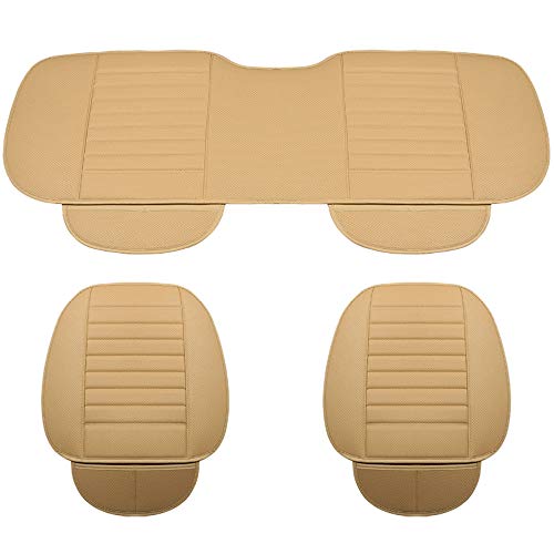 D-Lumina Breathable PU Leather Bottom Car Seat Covers Cushion, Front and Rear/Back Row Bench Pads Mats for Vehicle Interior Chair Protector, Universal for Four Season, Beige (Tan), 3-Pack