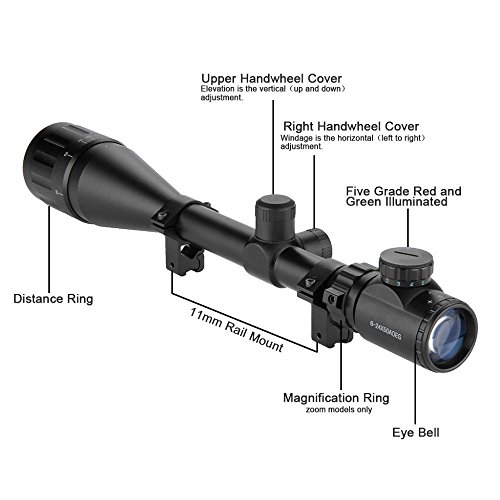 VOKUL 6-24x50mm Red & Green Hunting Rifle Scope Illuminated Crosshair Gun Scopes with Free Mounts and Lens Cover Illuminated Level: 5 Intensity (Red) and 5 Intensity (Green)