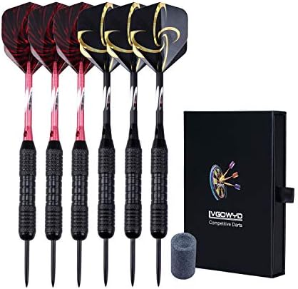 Lvgowyd 6 Pack Steel Tip Darts Set 23/24/26 Grams - Professional Metal Darts Tips with Aluminum Shafts Flights + Dart Sharpener + Dart Case