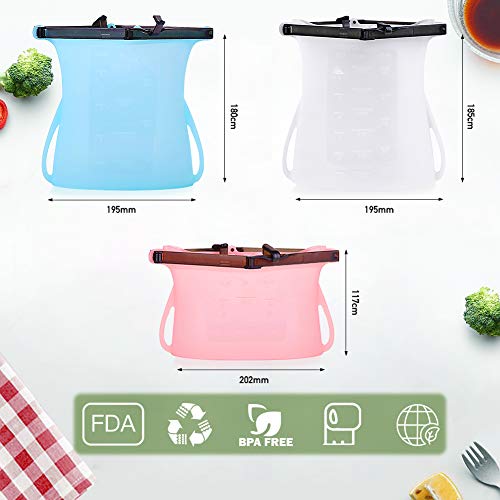Silicone Reusable Food Storage Bag, 100% Stand-Up, Innovative Leak Proof and Space Saving Design, 3 Packs, Clear/Pink/Sky Blue - Thumbnail 4