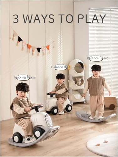 3-in-1 Rocking Horse Ride-On Toy with Balance Board and Music, for Ages 1-5 Years, Convertible Push Car and Rocker, Foot Kick, Baby boys Girls Toodlers Car, 70x32.5x51cm (Style-A)