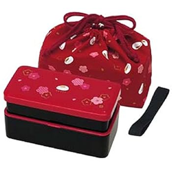 Japanese Traditional Rabbit Blossom Bento Box Set - Square 2 Tier Bento Box, Rice Ball Press, Bento Bag (Red)