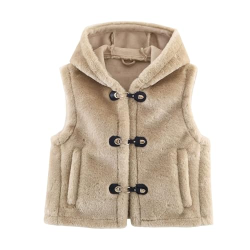 Chevara Women’s Fuzzy Faux Fur Vest Snap Button Up Hooded Gilet Waistcoat With Pockets(0274-Khaki-M-CW) at Amazon