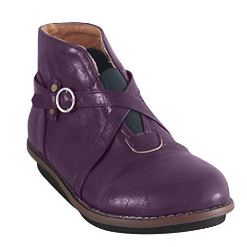 Dermanony Womens Retro Short Boots Comfortable Round Toe Buckle Strap Leather Boots Low-Heeled Casual Ankle Booties Purple