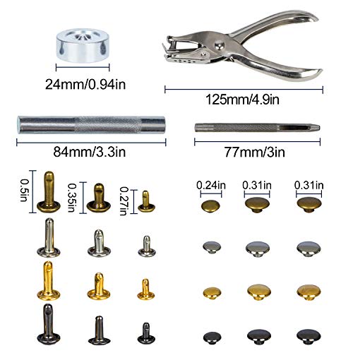 HOMEIDOL 480 Sets 3 Sizes Leather Rivets Double Cap Rivet Tubular Metal Studs with 4 Fixing Set Tools for DIY Leather Craft, 4 Colors (Gold, Silver and Bronze, Gunmetal)