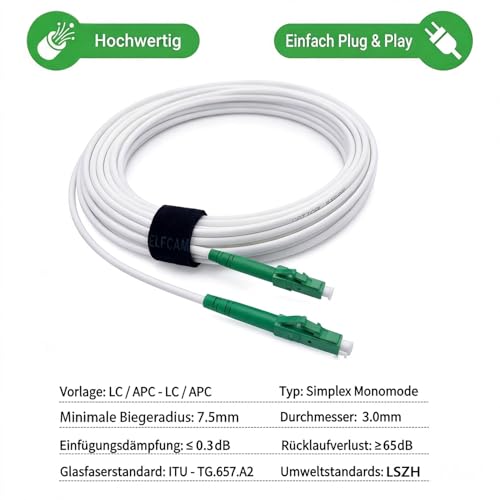 Elfcam® Fibre Optic Cable Simplex LC/APC 8° to LC/APC 8° Connector, 9/125 μm OS2 Patch Cable LSZH, FTTH Fibre Optic Cable, White (10 m)