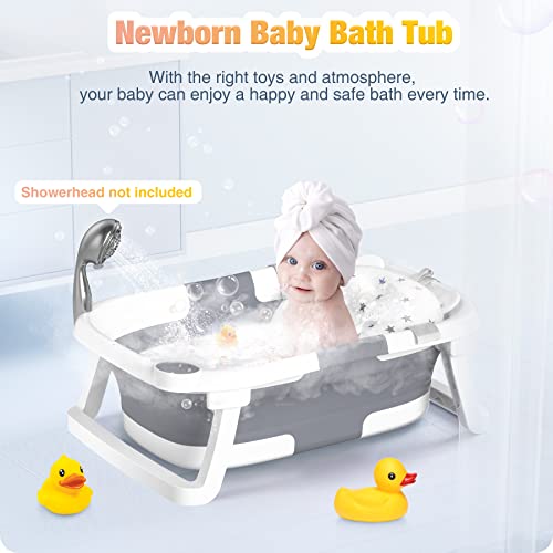 Rabb 1st Baby Bath Tub Foldable,Portable Bath Newborn to Toddler with Non-Slip Mat,Drain Hole,No Thermometer,Grey