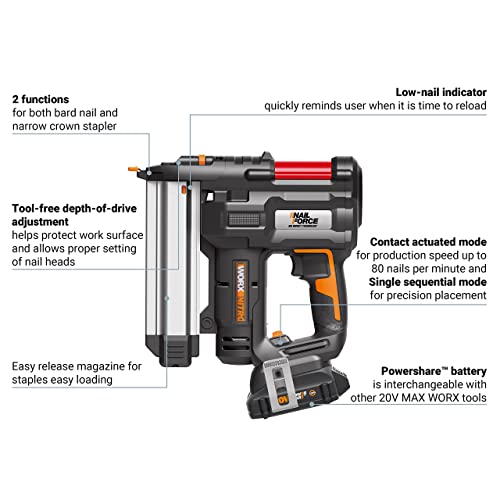 WORX 20V Cordless Brad Nailer WX840L.3 2in1 Cordless Nail Gun