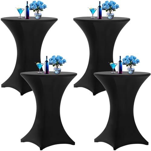 Aimosen 4 Pack 32x43 Inch Black Spandex Cocktail Table Covers, Stretch Highboy Top Tablecloth, Fitted Round Folding Table Cloths for Party Wedding DJ Bar Event Banquet Birthday Dining Room Restaurant