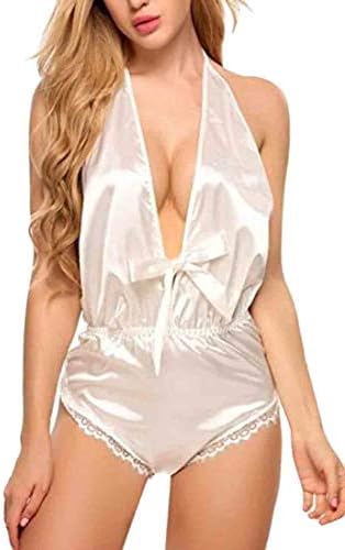 BingSai Women Lingerie Teddy Deep V Halter One Piece Satin Bodysuits Sleepwear Jumpsuit Romper