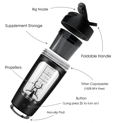 SULUNZEGER Protein Shaker Bottle Electric, Rechargeable Portable Blender with Powder Cup, Mini Protein Mixer for Gym, Food Processors Blenders for Juicer, Smoothie, Milk, (650ML, Black)