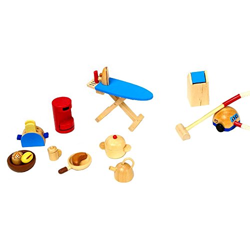 Goki 51939 - Accessoires Küche, 19-teilig, Puppenhausmöbel, aus Holz, Mehrfarbig