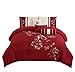Chezmoi Collection Miranda 7-Piece Red Floral Hibiscus Embroidery Beige Comforter Bedding Set, California King