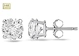 Genuine 14 Karat Gold Cubic Zirconia Stud Earrings Set in Backet Setting
