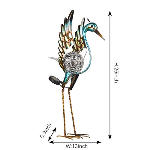 Kircust Garden Crane Standing Yard Art Ornaments Statue, Outdoor Metal&Glass Heron Bird Sculpture Waterproof Solar Powered LED Lights for Backyard Lawn Patio Walkway and Home Decor, Blue&Gold, 26-Inch