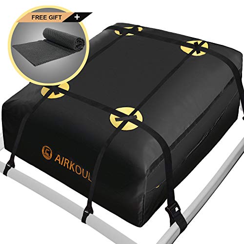 AIRKOUL Car Top Carrier Roof Bag Waterproof Rooftop Cargo Carrier Bag with Protective Mat and 4 Pcs Heavy Duty Straps for Vehicles with or Without Racks, 15 Cubic feet