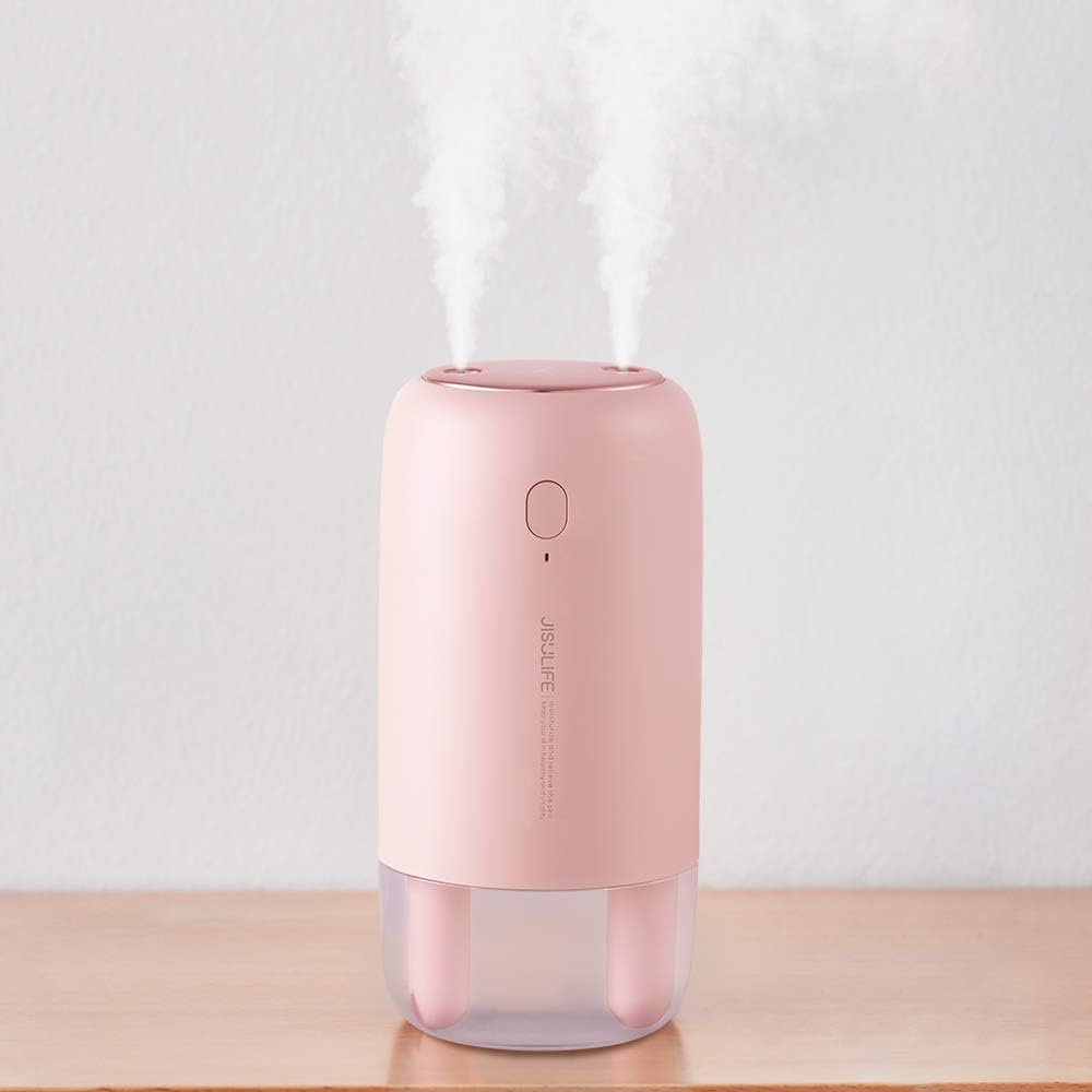500ml 大容量 卓上加湿器 超音波 コードレス ダブルノズル小型 USB充電式 小型携帯加湿器 超静音低騒音 車載加湿器 ledライト付き 空焚き防止 旅行 オフィス(デスク) ピンク