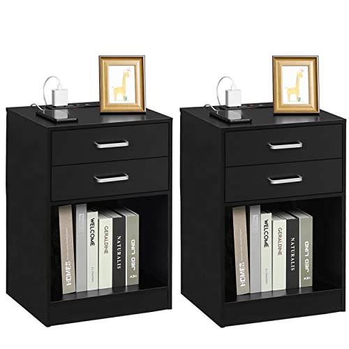 ADORNEVE Nightstands Set of 2,Black Nightstand with Charging Station