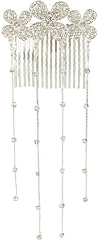 JoinMe Women's Bohemian Crystal Clover Flower Long Chain Tassel Bridal Hair Comb Clip Beaded Silver-Tone