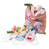 KLASSMIX STROLLER CAR SEAT TOYS for Baby Boy & Girl, Activity Organic Plush Travel for Carseat, Toddlers Nursery Play, Set of 10 Numbers, Stuffed Animal Hanging All Ages, Links & Carrying Bag Included