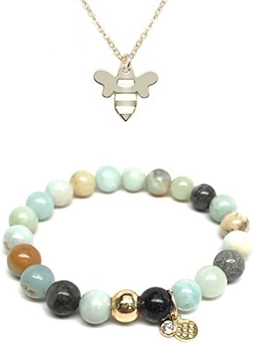 Set 8mm Green Amazonite Zoe 7" Stretch Bracelet &amp; 12mm Bee Charm 16" 14k Over Brass Necklace