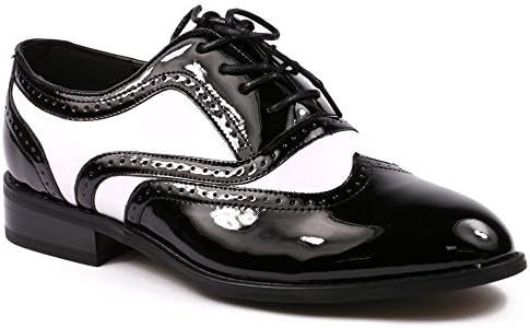 Miko Lotti TPCK01103 Men's Black White Patent Tuxedo Perforated Wing Tip Lace up Oxford Dress Shoes