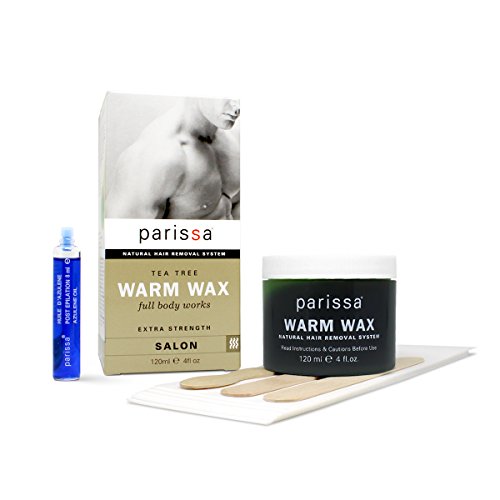 Parissa Men s Warm Wax, Body Waxing Kit for Hair Removal, Wax with Tea Tree, 20 Strips, 3 Spatulas, Aftercare Oil, 120 mL, 4 oz.