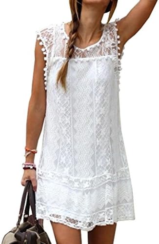 Voinnia Women's O Neck Crochet Hollow Lace Mini T-shirt Dress