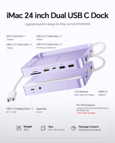 Hub USB-C per iMac 24" M1/M3/M4 con box esterno per SSD M.2 NVMe da 4 TB | PULWTOP hub USB C per iMac da 24" 2021-2024 con HDMI 4K a 60 Hz, 2,5 GbE, USB A/C 3.2 10 Gbit/s, SD/TF, audio - Viola