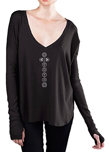 Spandex 7 CHAKRAS V-Neck Shirt with Thumb Holes, Large Black