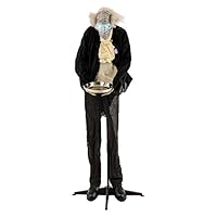 Halloween Haunters Animated Standing 6 Foot Scary Crazy Old Butler Man with Moving Head and Light-Up Eyes Decoration - Dressed in Black with Skeleton Hands & Serving Plate - Battery Operated