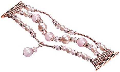 Suitable for iWatch Jewelry Pearl bracelet Agate bracelet Fashion strap 42mm creative hand strap fashion Elastic Stretch iWatch Band Replacement Wristwatch Bracelet Strap Belt (Pink)