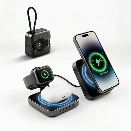 3 in 1 charging station for Magsafe, Magnetic Portable Charger for iPhone 17/16/14/13,Airpods Apple Watch & Earbuds - 15W Fast Charging,Mini Foldable Wireless Charger for Purse, Travel Essentials