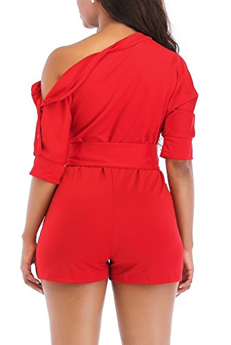 LAJIOJIO Womens Summer Shorts Jumpsuit Off Shoulder High Waist Jumpsuits Romper with Belt Red - Thumbnail 4