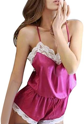 Gallity Women Lace Sleepwear Satin Pajama Cami Mini Teddy Nightwear Jumpsuits (M, Hot Pink)
