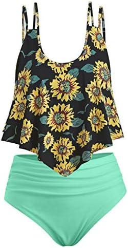 Cenglings Women Sunflower Print Two Pieces Bathing Suits Ruffled with High Waisted Bottom Tummy Control Bathing Suit