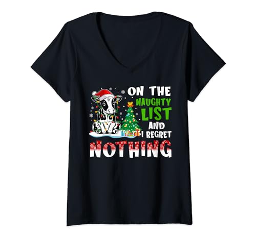 Womens Cow Christmas On The Naughty List And I Regret Nothing V-Neck T-Shirt