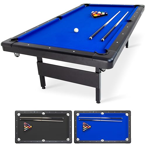 Photo 1 of GoSports Full Size 8 ft x 4.2 ft Billiards Game Table - Foldable Design, Includes Full Set of Pool Balls, 2 Cue Sticks, Chalk, and Felt Brush - Blue