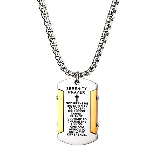 Cupimatch Cross Bible Christ Crucifix Pendant Necklace, Men's Stainless Steel Jesus Verse Lords Prayer Catholic Dog Tag Chain Jewelry 22 inch,silvergold