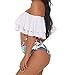 Creabygirls Floral Print Flounce Two Piece Swimsuit High Waist Ruffled Off-Shoulder Bathing Suit (M US6-8, Flounce top) White