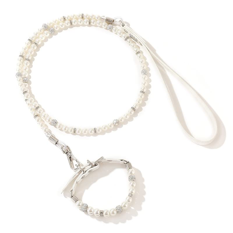 Dog Collar and Lead Set,Adjustable Dog Collar and Leash Set with Pearl Bling Rhinestone Diamond,Safety Pet Pearl Collar Leash Kit with PU Handle for Pet Puppy Kitten (L, White Set)
