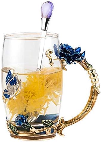 Do4U Flower Enamel Glass Tea Cup, Decorated with Rose and Butterfly, for Women, Birthday Gift for Mother, Sister, Mother, Grandma, Her Friends.(Blue Rose Without Gift Box, Tall)