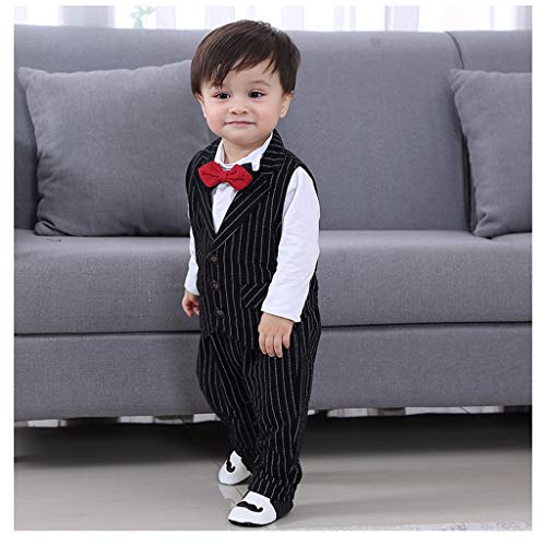 Baby Boy Outfits Set, 3pcs Long Sleeves Gentlemen T-Shirt Jumpsuit & Vest Coat with Bow Tie Wedding Tuxedo Outfits (Black, 6-12Months)