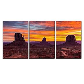 3 Piece Canvas Wall Art - Monument Valley Sunset West and East Mittens and Merrick Butte Utah - Modern Home Art Stretched and Framed Ready to Hang - 16"x24"x3 Panels