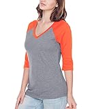 Kavio! Women Sheer Jersey Cntrst V Neck Raglan 3/4 Sleeve Dark H.Gray/V.Orange L
