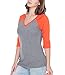 Kavio! Women Sheer Jersey Cntrst V Neck Raglan 3/4 Sleeve Dark Heather Gray/Varsity Orange L