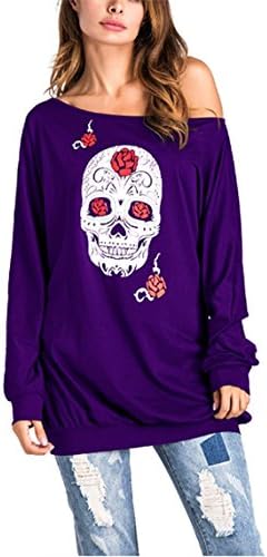 ChongXiao Women Oversized Skull Print Sweatshirt Casual Off Shoulder Long Sleeve Autumn Pullover Slouchy T-Shirt