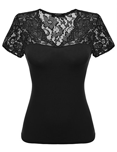 Zeagoo Womens Floral Lace Top Fitted Casual V Neck Short Sleeve Blouse, Medium, Black